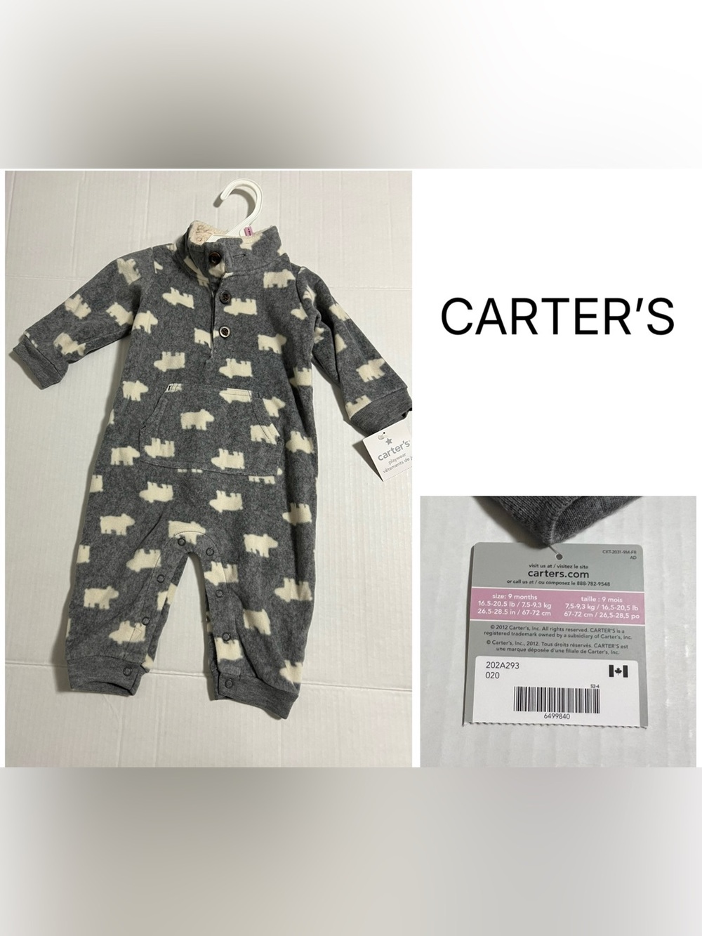 CARTER’S - 9M - NWT - INFANT BOYS GREY POLAR BEAR FLEECE COVERALL